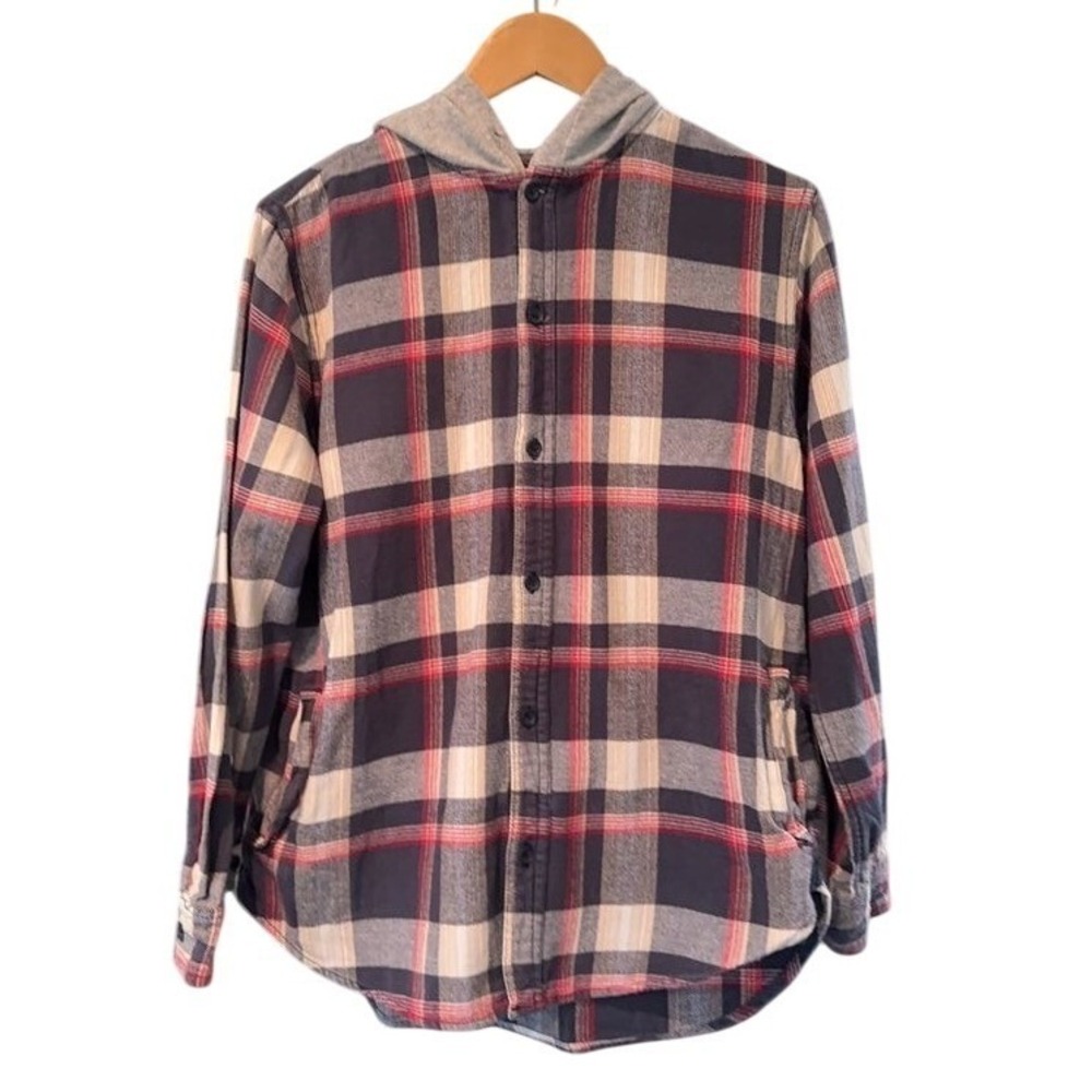 PacSun Mens Plaid Hooded Flannel Shirt Navy Blue Red Cotton Hoodie Jacket Size M